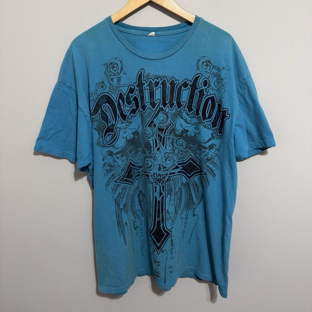 Vintage Y2K Affliction Destruction Grunge Graphic T Shirt Blue Distressed 2XL